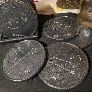 Set of 6 astrology coasters w/stand silver/blk glitter and silver paint accents.